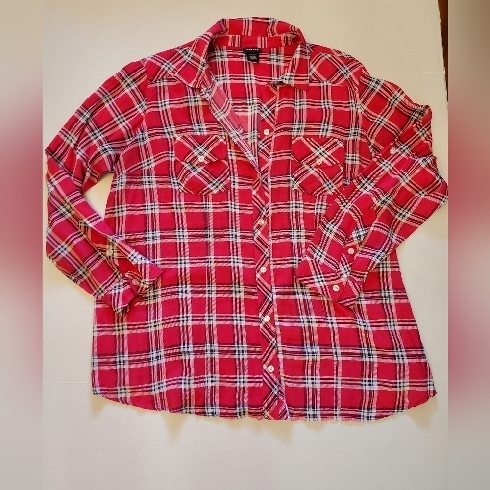 Torrid plaid bright pink long sleeve button up shirt‎ top size plus 2XL